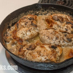 Chicken breasts in a creamy mushroom sauce.