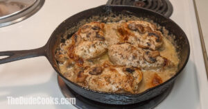 Chicken breasts in a creamy mushroom sauce.