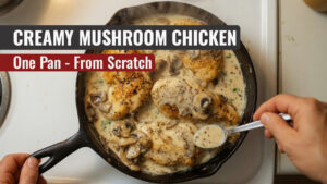 **Alt text:** `Creamy mushroom chicken in a cast iron skillet being spooned with sauce, seared chicken breasts in homemade mushroom cream sauce`