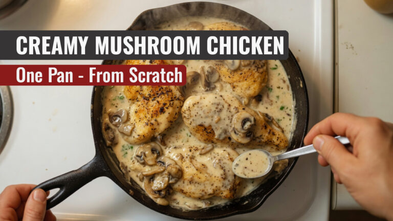 **Alt text:** `Creamy mushroom chicken in a cast iron skillet being spooned with sauce, seared chicken breasts in homemade mushroom cream sauce`