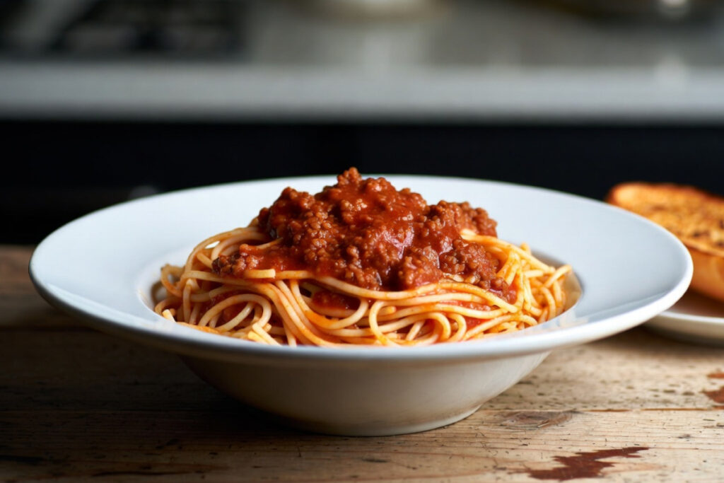 Bowl of spaghetti with American style meat sauce.
