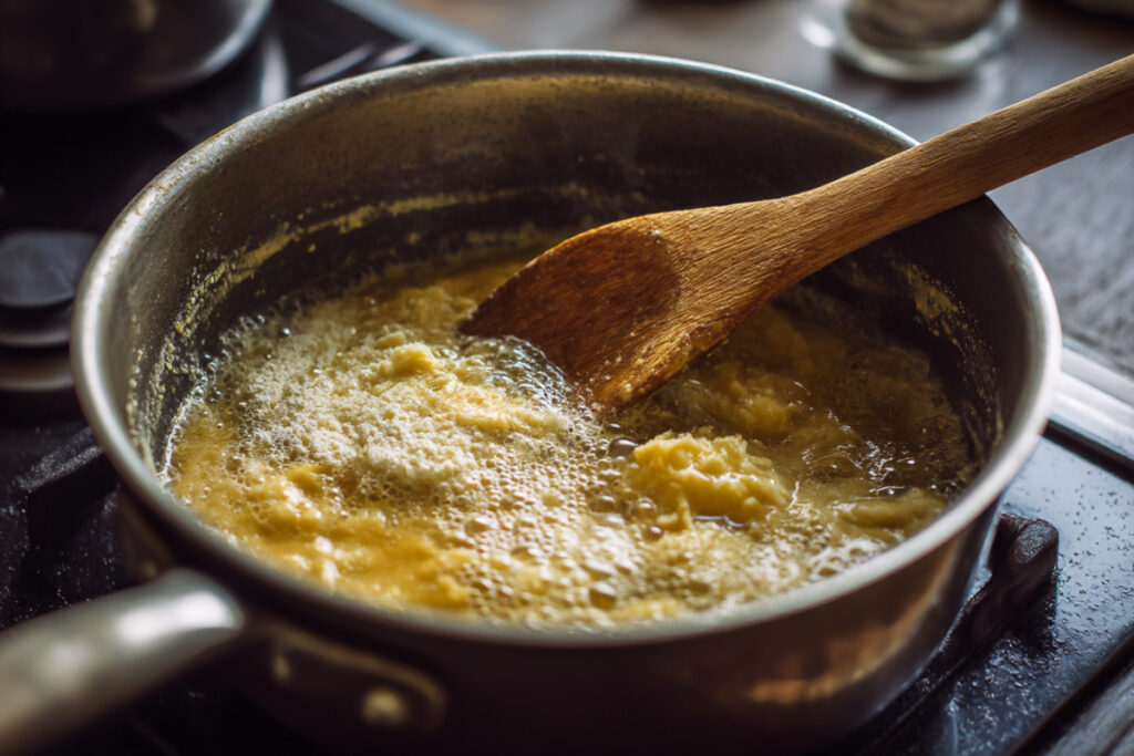 Cooking four in the roux to remove the flour taste