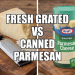 Fresh parmesan cheese wedge next to green can of grated parmesan cheese