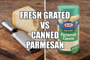 Fresh parmesan cheese wedge next to green can of grated parmesan cheese