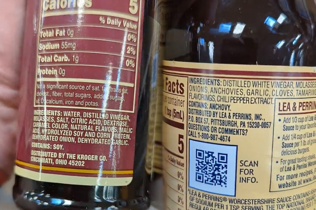 A comparison of ingredients between real Worcestershire sauce and the chemical filled store brand.