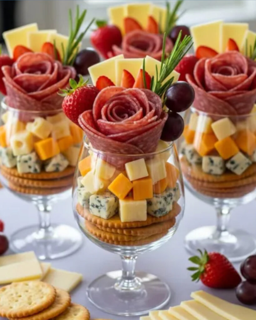 Wonderful arrangement of grazing cups assembled in glasses