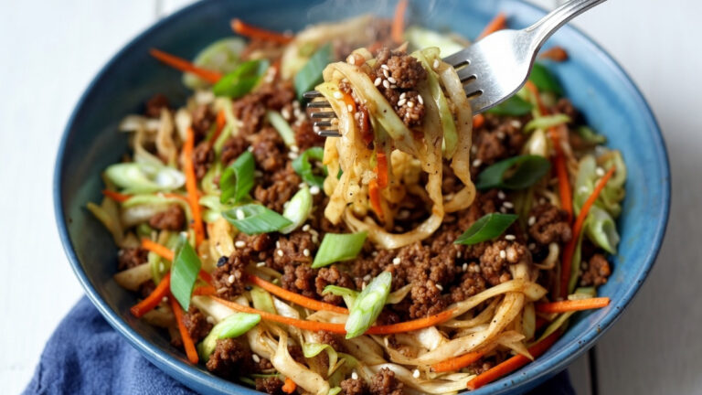 Close-up of keto egg roll in a bowl in a matte blue bowl filled with seasoned ground beef, shredded cabbage mix, fresh green onions, and a glossy sesame-sriracha sauce