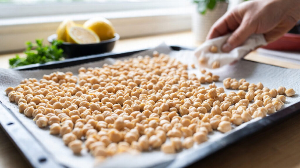 For the best chickpea salad, rinse and dry your cooked chickpeas