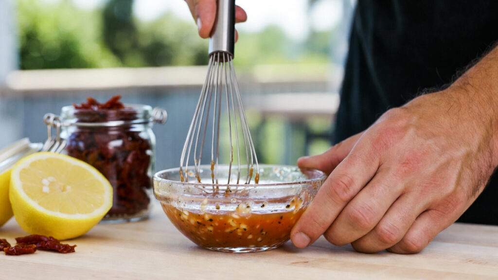 whisking Mediterranean chickpea salad dressing.