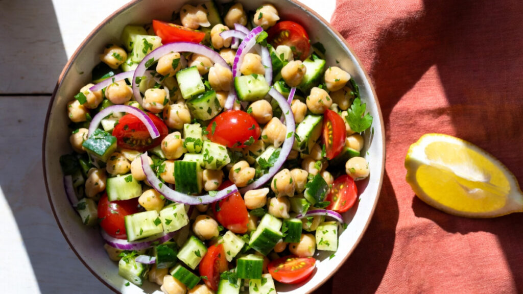 Finished chickpea salad for summer BBQs.