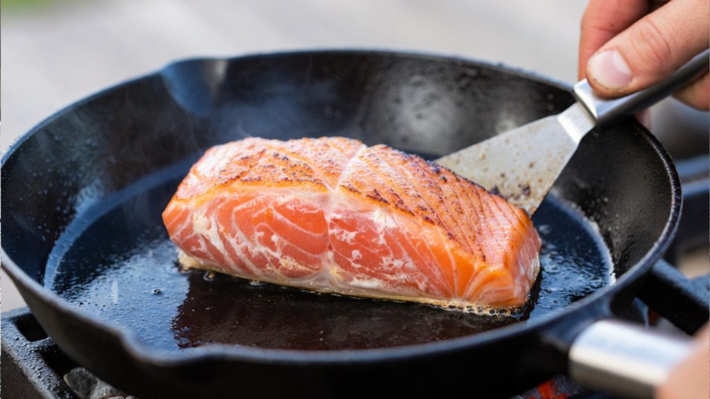 salmon fillet with crispy skin searing in a cast iron skillet